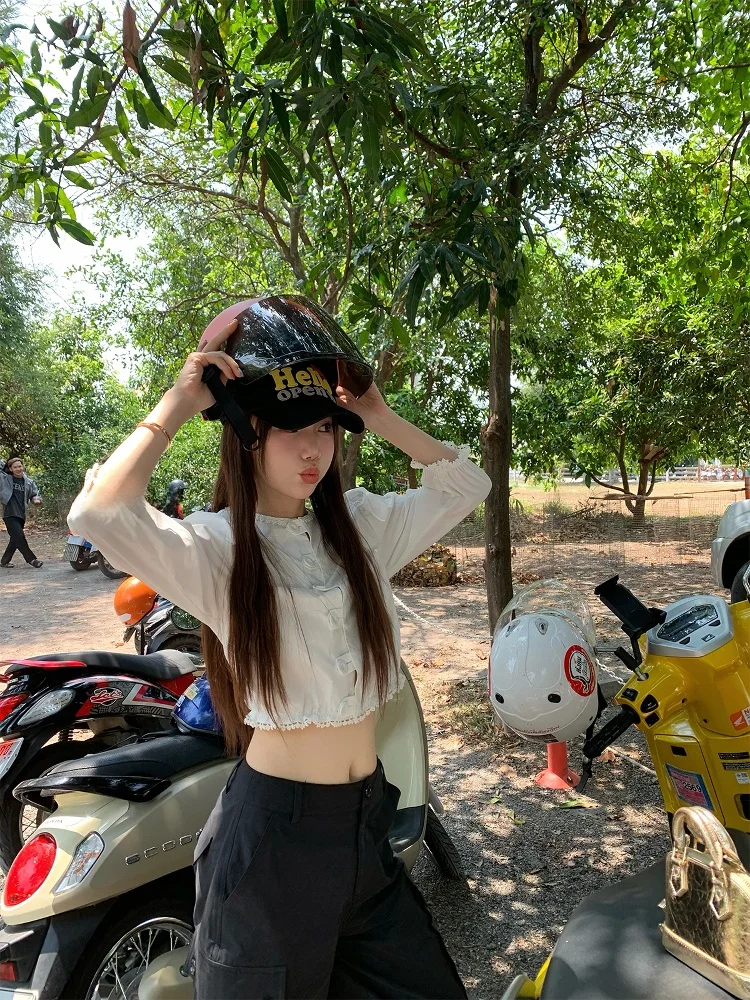 

White Embroidered ort irt Women's Stand Collar Lace Trim Beautiful TopFheer Girl's Design Spring Cotton Long Sve