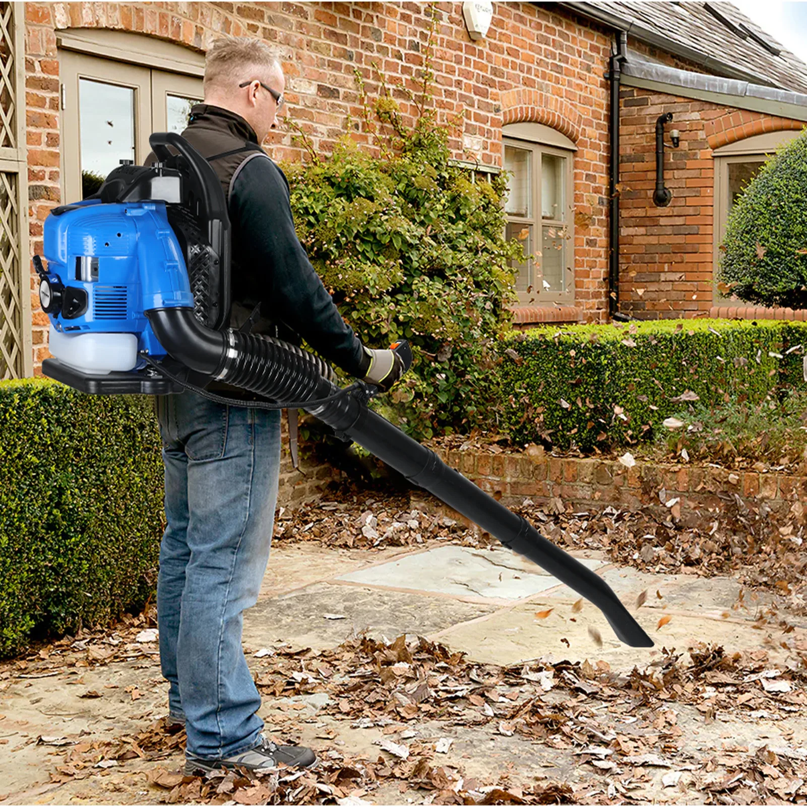 4-Stroke 1.9L Fuel Tank Leaf Blower 75.6CC Gas Powered Backpack Leaf Snow Blower Ergonomic Dust Blower for Yard Lawn Care