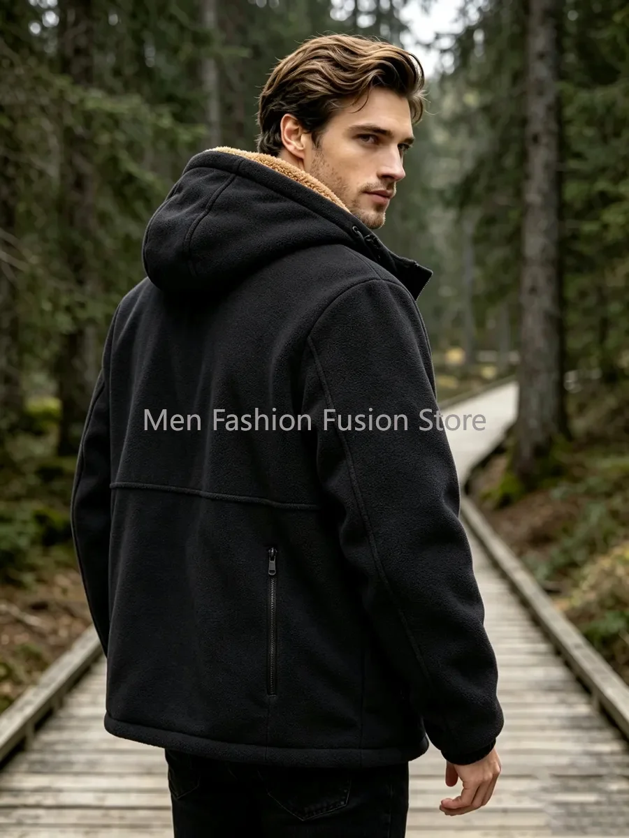 Thick Warm Lamb Wool Hooded Jackets for Men Autumn Winter Fashion Solid Color Casual Loose Sports Coat Windproof Workwear Jacket