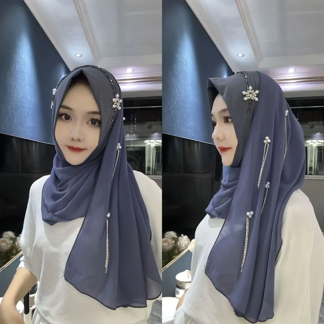 

Snowflake Chiffon Wraps Muslim Hijab For Sweet School Girls Tassels
