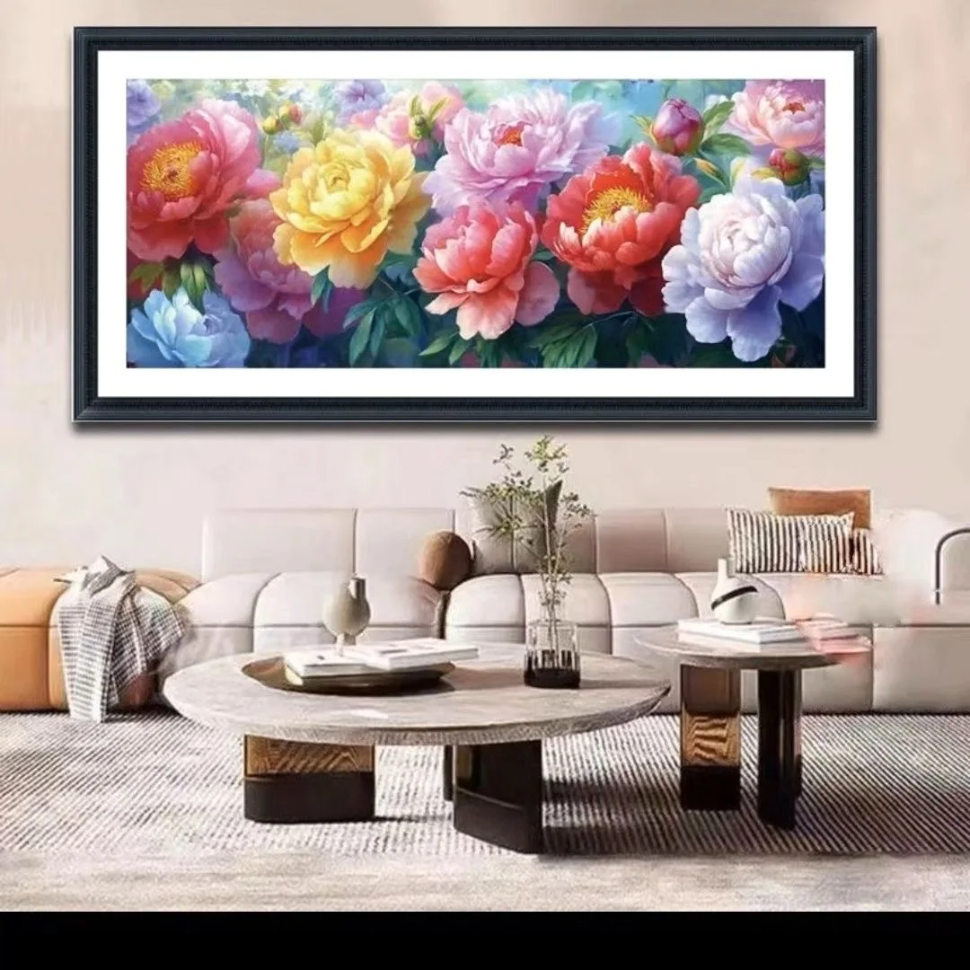 

108x50cm Needlework Cross Stitch Set for Full Embroidery Kit, 9CT Rose Peony Flower Printed Pattern Wedding Gift Wall Decor