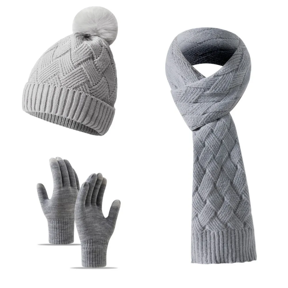 3Pcs/Set Warm Winter Hat Scarf Gloves Set Knitted Thicken Knit Beanie Snood Set Windproof Touchscreen Scarf Neck Warmer Suit