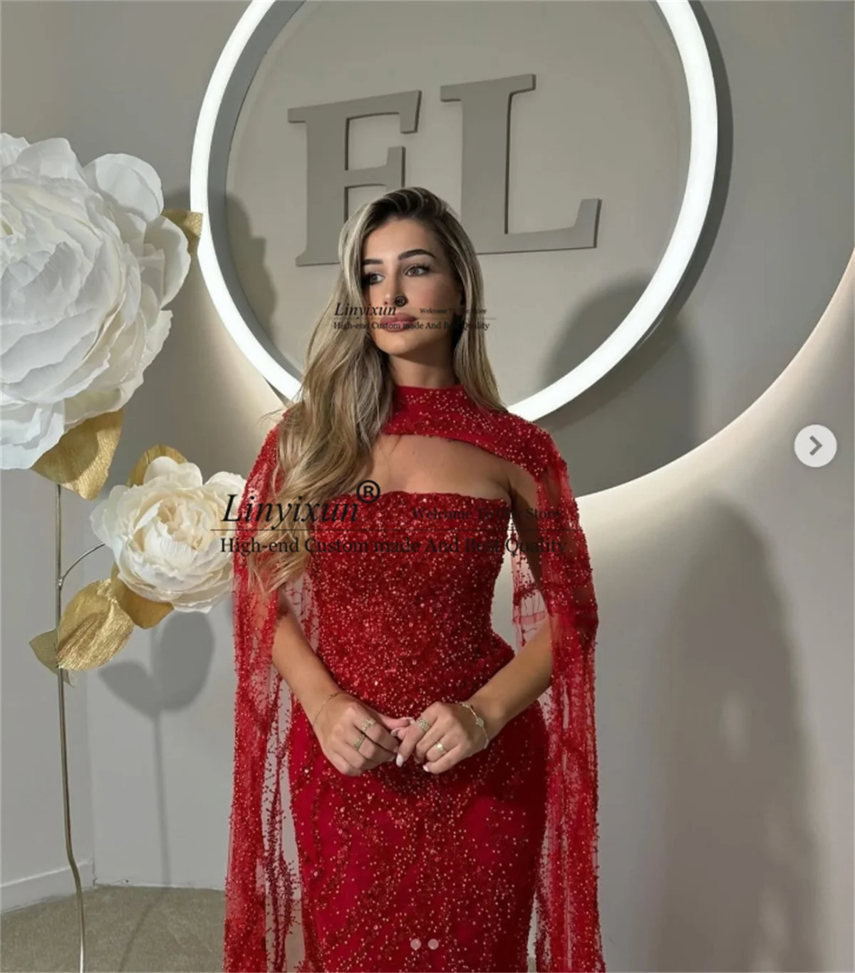 

Shiny Sequins Evening Dresses With Cape Sleeve Dubai Party Dress Customized Mermaid فساتين سهرة Luxury Prom Gown