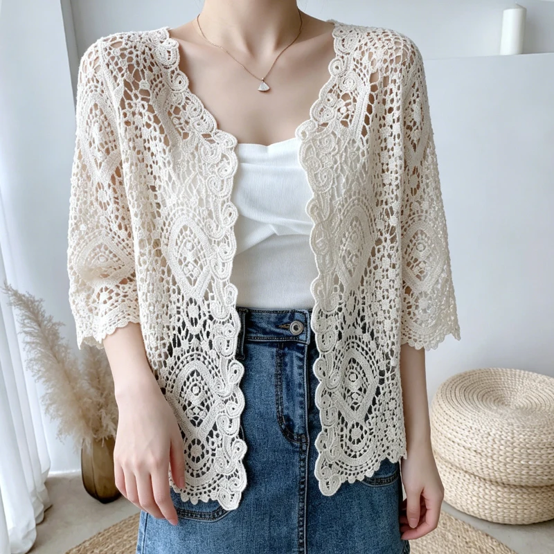Cárdigan de punto de ganchillo con frente abierto para mujer, top de encaje guipur de media manga, cubrebaño de playa para primavera y verano, atuendo retro bohemio