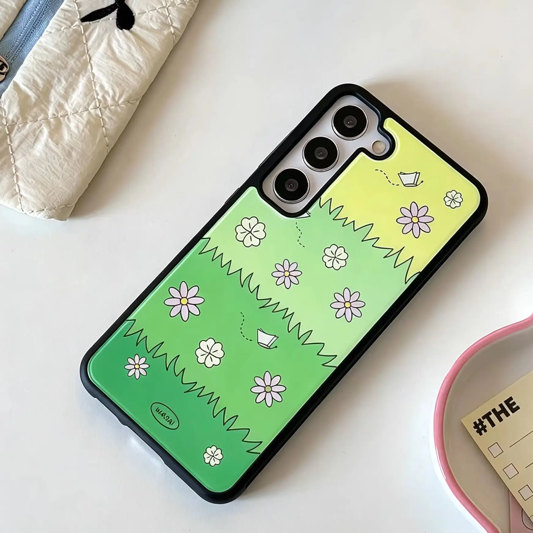 Korean Ins Green Grass Flower Butterflies Phone Case For Samsung Galaxy S23 S24 S25 S26 Fe Plus Ultra Edge Y2k Anti-Yellow Cover