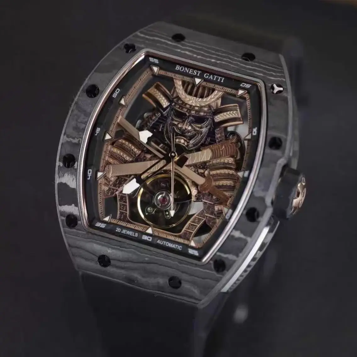 BONEST GATTI Men Automatic Watch 42mm Tonneau Mechanical Wristwatch Carbon Fiber Luminous Ninja Dial Sapphire Mirror FKM Strap