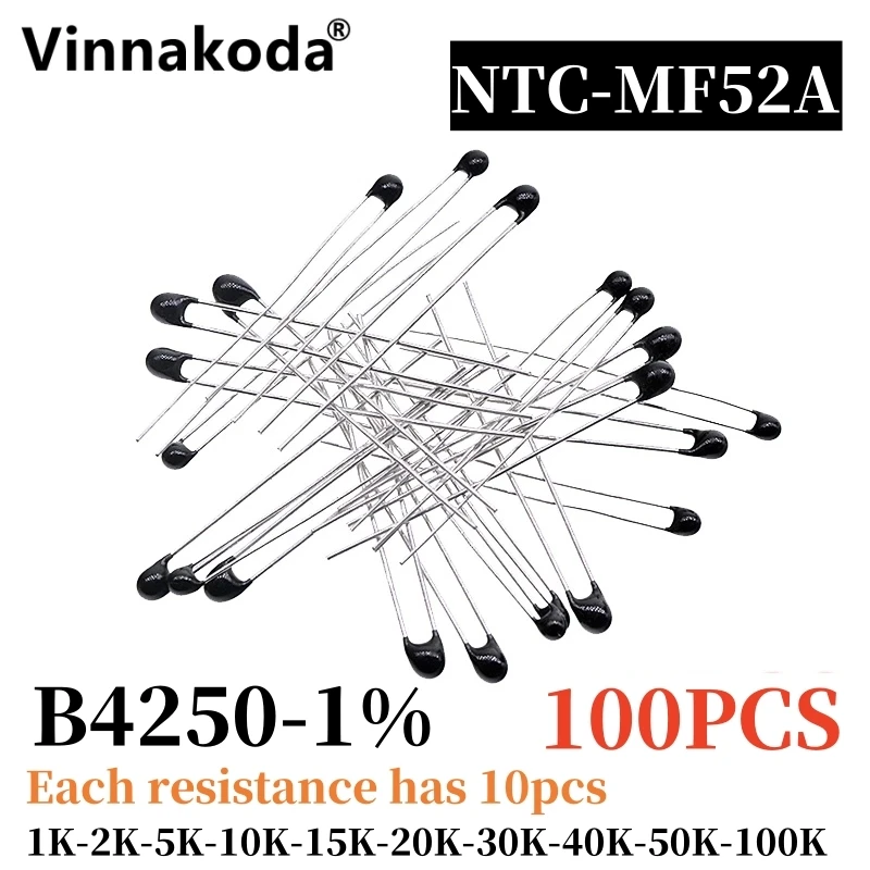 

100PCS NTC Thermistor Thermal Resistor Kit NTC-MF52AT Resistors Set 1K 2K 5K 10K 15K 20K 30K 40K 50K 100K B4250 1%