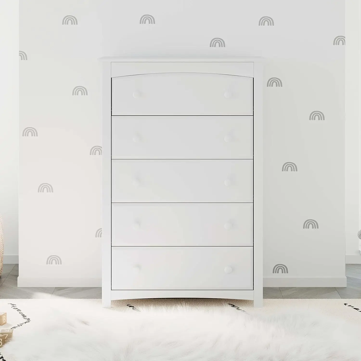 5 Drawer Dresser (White) for Kids Bedroom, Nursery Dresser Organizer, Chest of Drawers with 5 Drawers, Universal Design