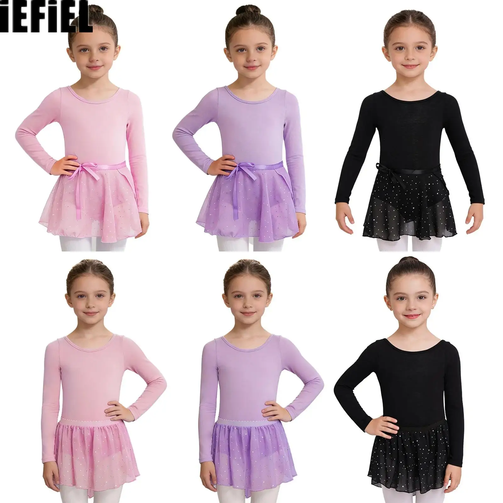 

Kids Girls Ballet Dance Outfit Crisscross Back Long Sleeves Leotard with Shiny Sequins Skirt for Gymnastics