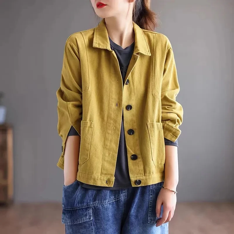 

100% Cotton Women Casual Short Jackets New Arrival 2023 Autumn Korean Style Solid Color All-match Female Outerwear Trench Coats