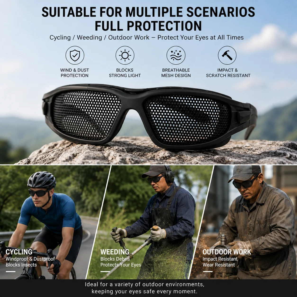 Multifunctional Metal Mesh Safety Glasses Impact Resistant Eye Protection Goggles for Work Construction Cycling Paintball Gaming