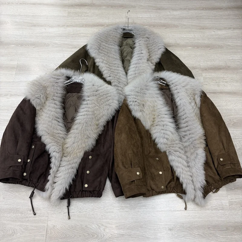 Women Winter Goose Down Jacket Faux Suede Coat With Stitched Real Fox Fur Big Lapel Collar Cropped Drawstring Warm Outerwear