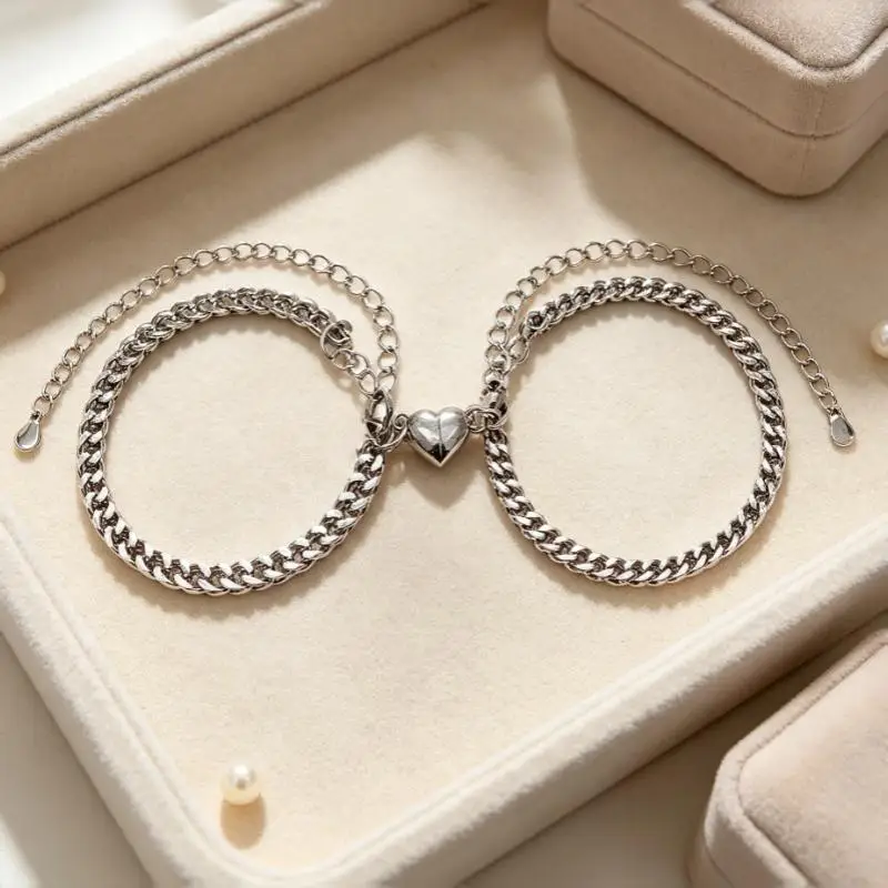 Magnetic Alloy Love Heart Bracelet 1 Pair Couple Minimalist Adjustable Jewelry for Valentine's Day Wedding Gift for Partners