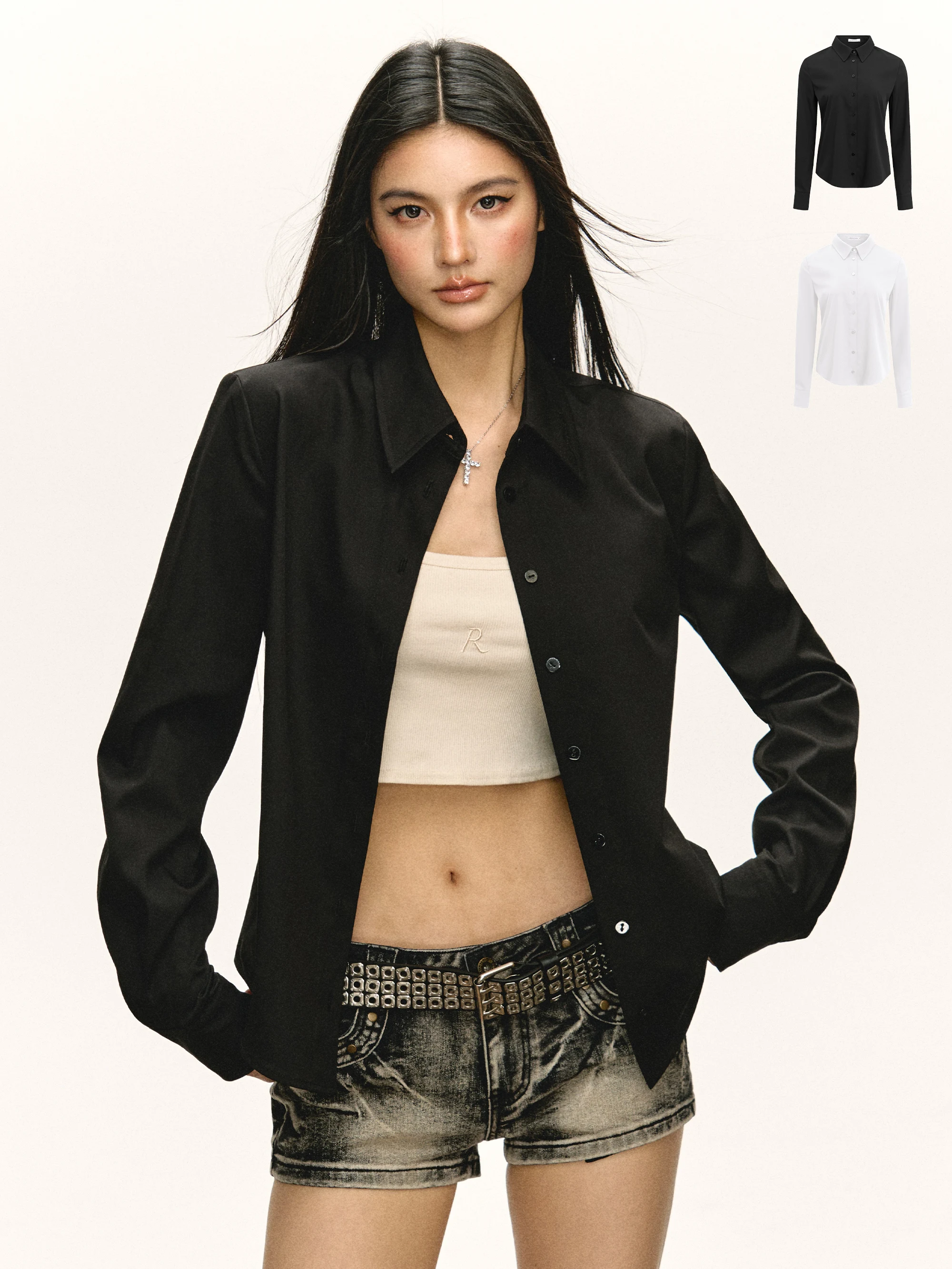 

Ariseism American Retro Women's irt Slim Fit Spring New Sle Street Faion Polyester Long Sve Collar Pure Color