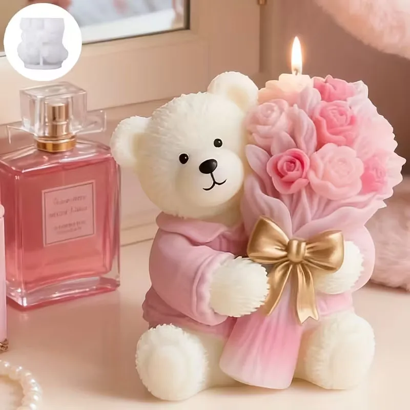 Bear holding flower silicone mold, 3D modeling, easy to demould without deformation, can be used to make handmade candles/gypsum