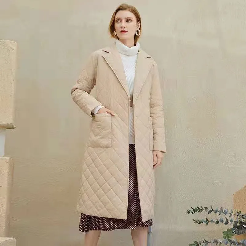 Quilted Coats Women Long Parkas Vintage Plaid Loose Belt Jacket Overcoat Female Mid-Length Coat Outwear пальто женское