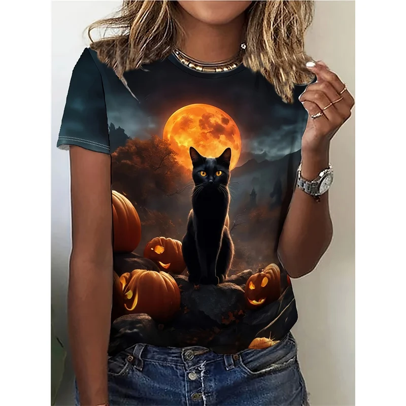 Women Crew Neck Short Sleeve T-shirt Halloween Black Cat Bat Pumpkin Skull Print Retro Orange Sunset Casual Holiday Summer Tee