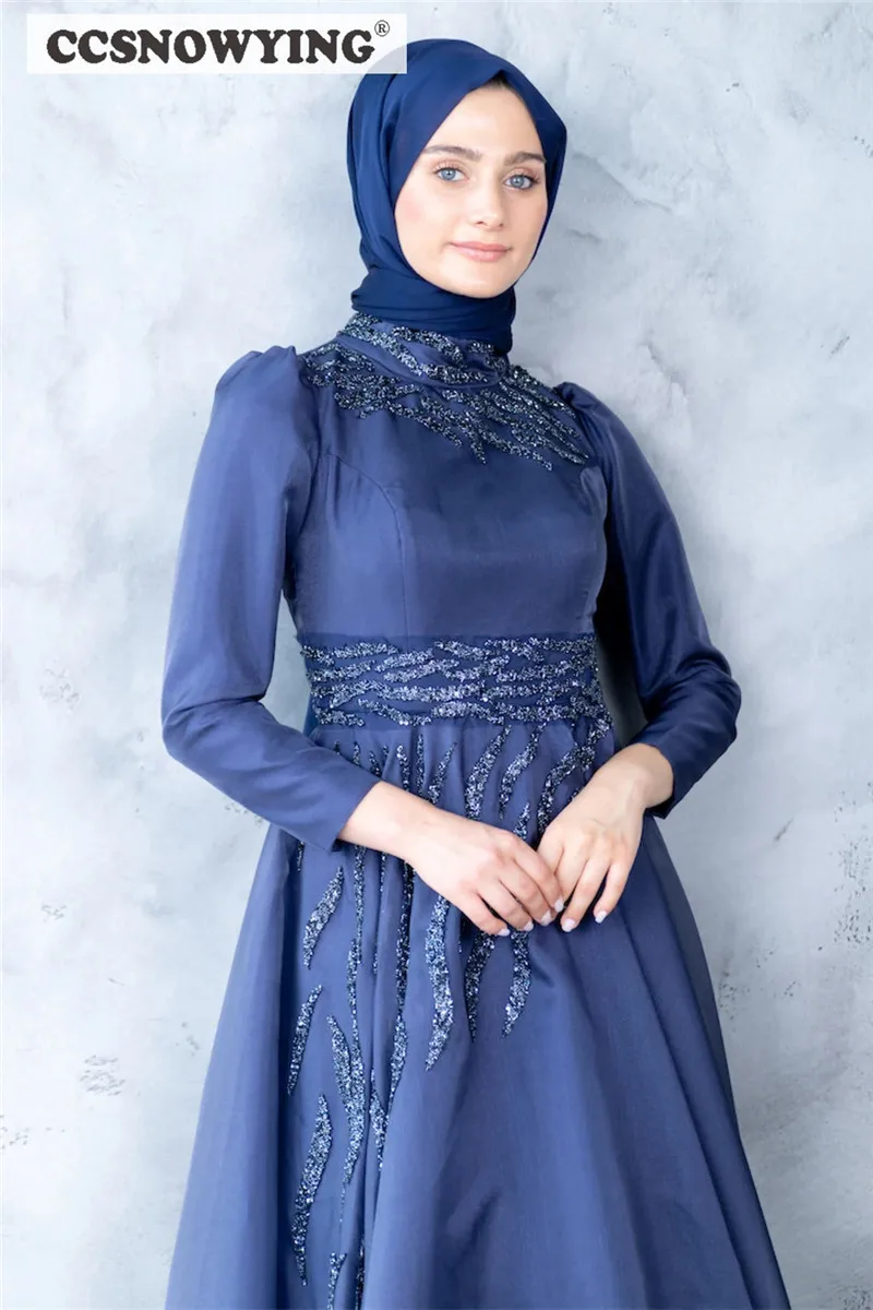 Gaun Malam Muslim Lengan Panjang Applique Satin Gaun Pesta Formal Jilbab Leher Tinggi Jubah Dubai Arab Islami