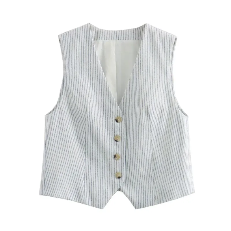 

Striped vest for Women summer Single Breasted decorative outdoor Casual young England Style lightweight V-Neck Tops