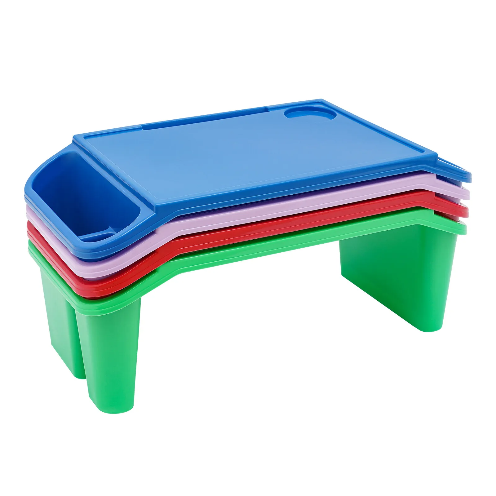 4피스 어린이용 랩탑 책상 세트 (수납 포켓 포함) - 침대에서 아침 식사, 노트북, 공예 활동을 위한 가벼운 플라스틱 트레이, 어린이용 테이블