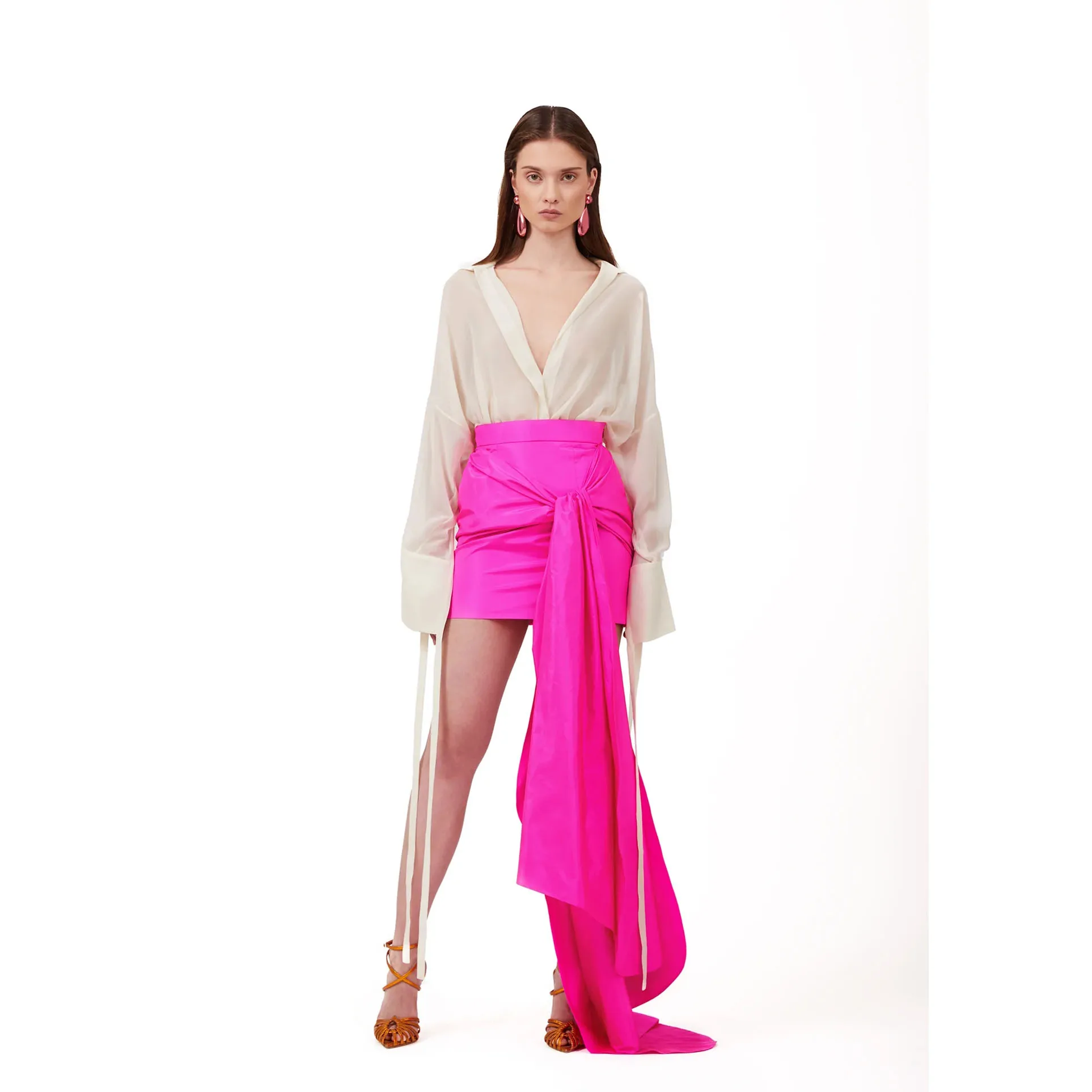 Fashion Fuchsia Knot Short Satin Women Dresses Asymmetrical Mini Maxi Skirt Zipper Female Bottom Custom Made