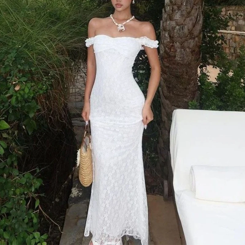 Women's Off Shoulder Lace Maxi Dress Fitted Bodycon White Evening Party Long Dress