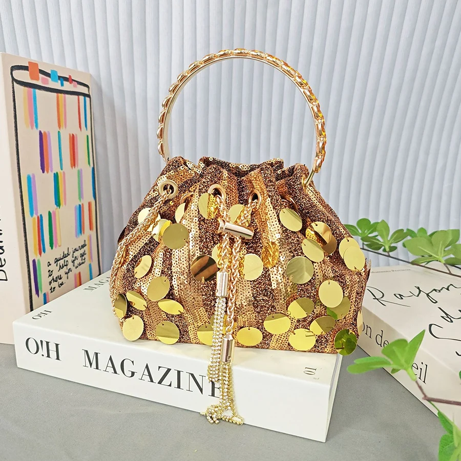 

Mini Sequin Chains Shoulder Bag Fashion Bucket Shiny Handbags Tassel Underarm Chain Crossbody Bags with Round Handle for Women