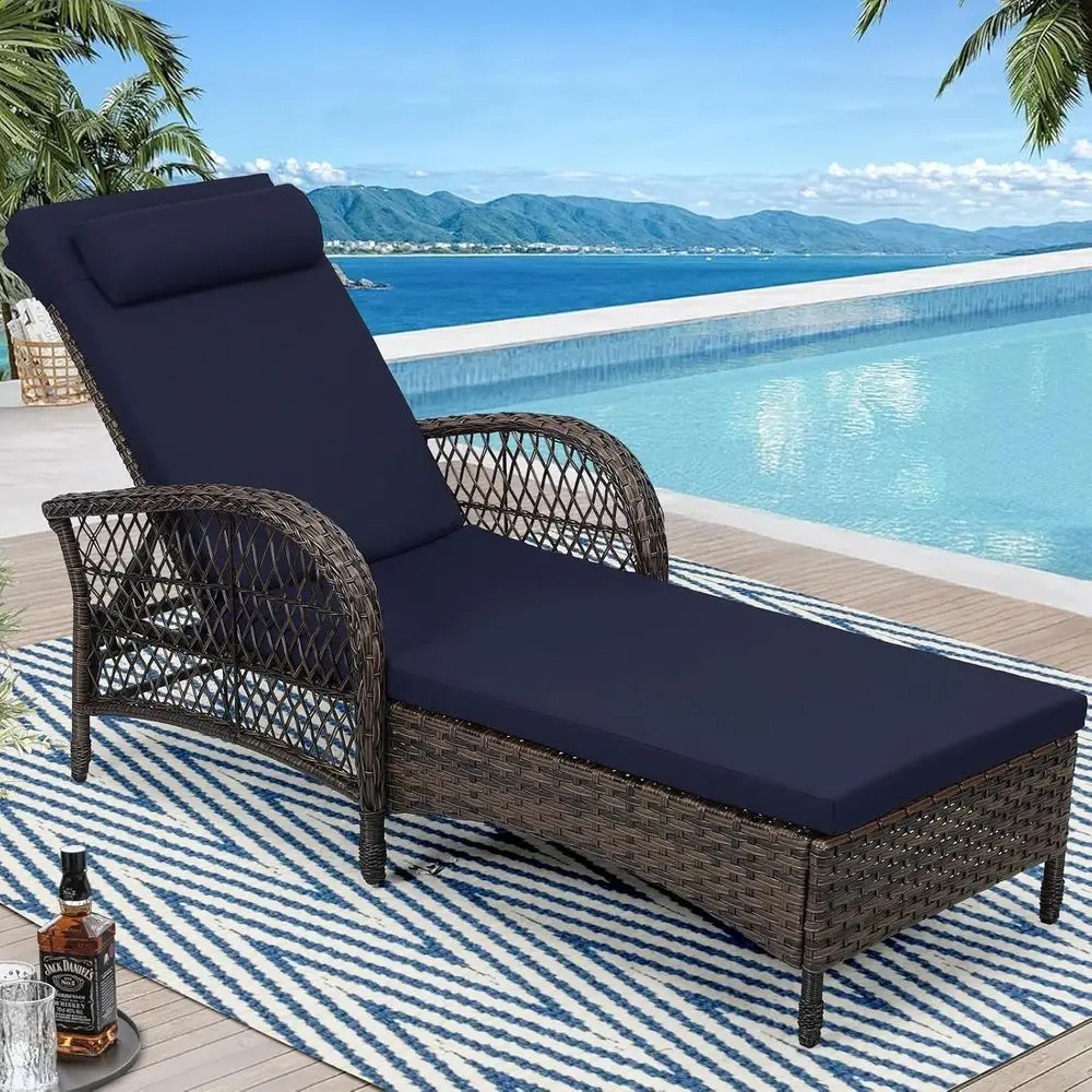

Outdoor Chaise Lounge Chair, PE Wicker Long Recliner Patio Lounge Chair with Cushion, 6-Position Patio Reclining Sun Lounger wit