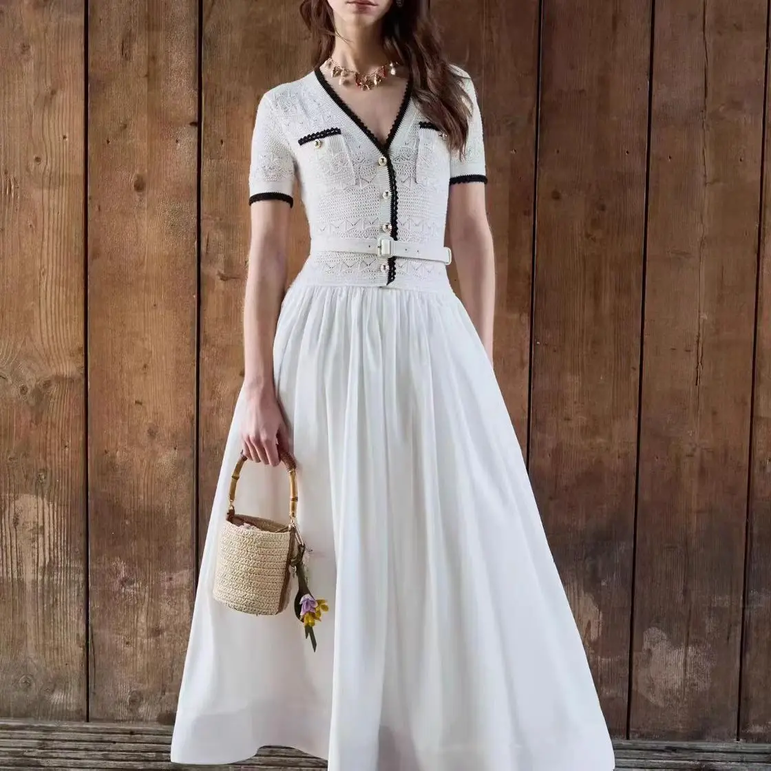Women Fake Two Piece Knit Maxi Dress V Neck Contrast Trim Short Sleeve Belted Flowy White Dress