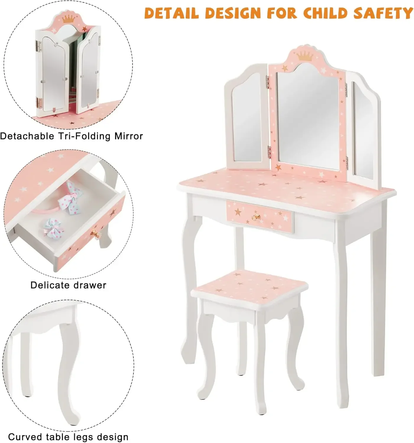 Table and Chair Set, Girls Vanity Set with Stool, Tri-Folding Mirror, Makeup Dressing Princess Table with Drawer for Little Girl