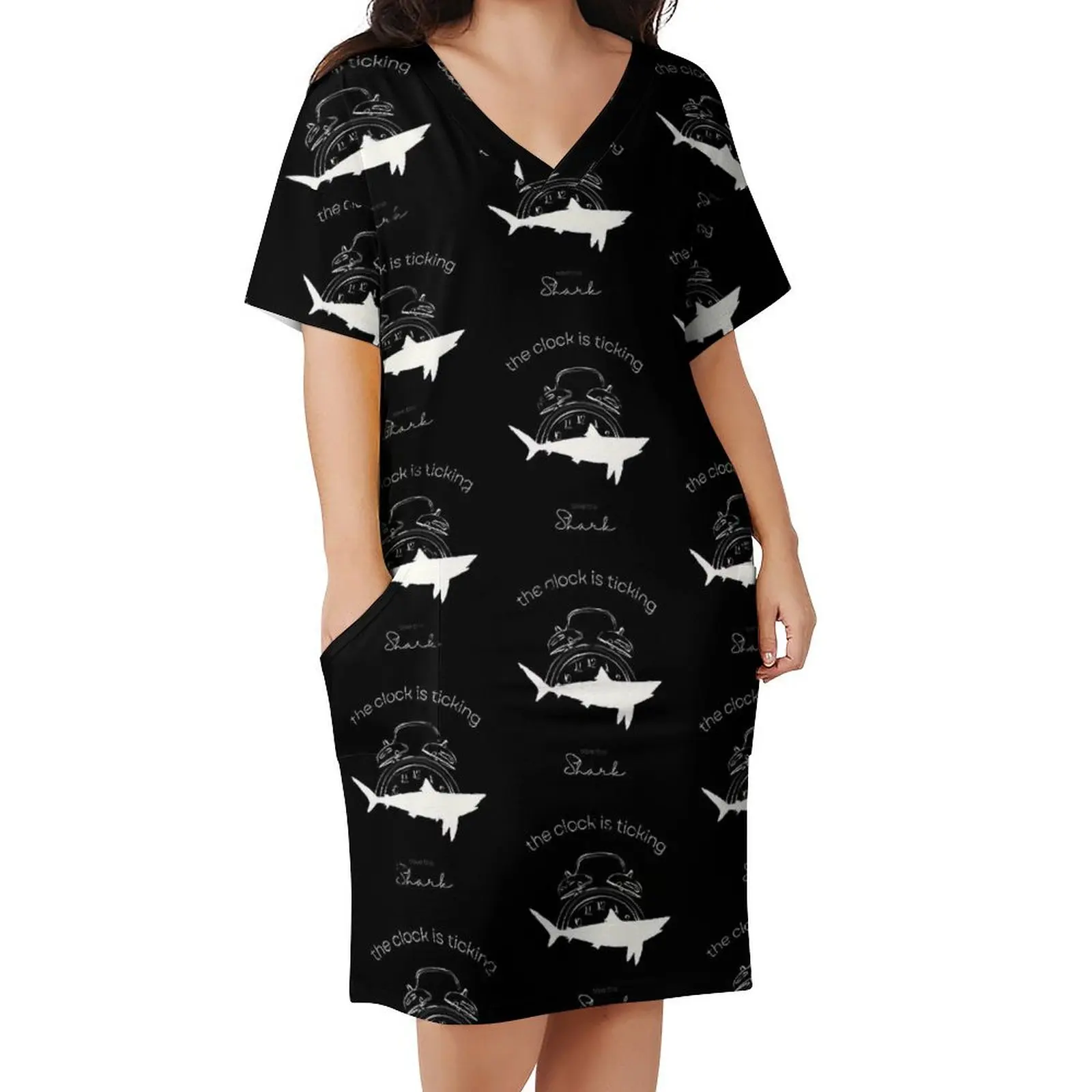 

Save The Sharks Dress V Neck The Clock Is Ticking Vintage Dresses Ladies Basic Print Casual Dress With Pockets Big Size 4XL 5XL