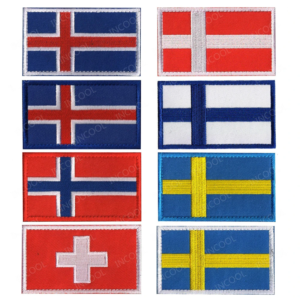 Sweden Norway Denmark Iceland Finland Switzerland Flag Embroidered Patch Reflective Patches Chevron Strip Northern Europe Flags