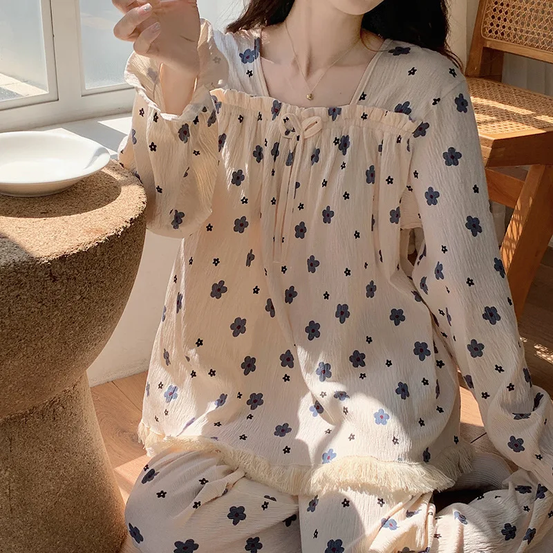 Kawaii Princess Nightdress Sleepwear for Women Ladies Nightgowns Spring Autumn Large Homesuit Roomwear Flower Cartoon Casual