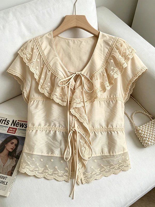 

Large Size Lace Patchwork Short Sleeve Shirt Women's Summer 2026 New Fashion Youthful Doll Shirt Top Korean Style Commute Wind