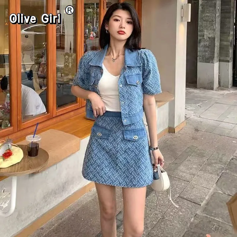 Women's Coat Skirt Set Spring Summer Short Denim Jacket High End Elegant Denim Skirt Traditional Chinese Clothing Sets
