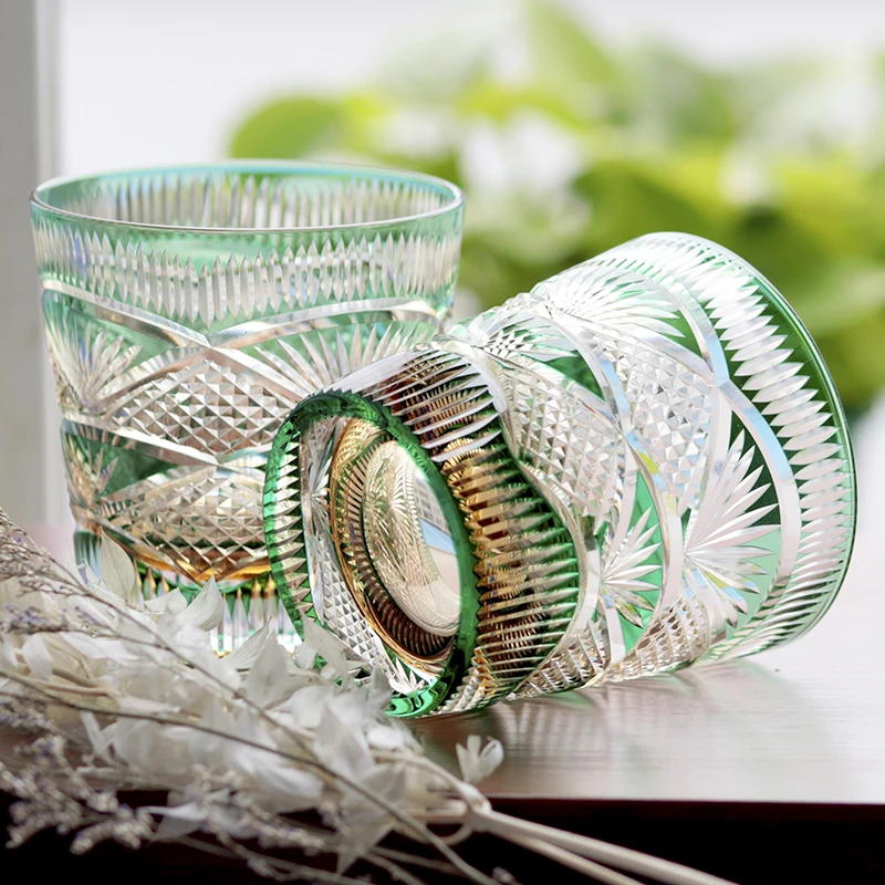 Japanese Style Green Crystal Glass Old Fashioned Tumbler Hand Cut Whiskey Tumbler Edo Kiriko With Gift Box