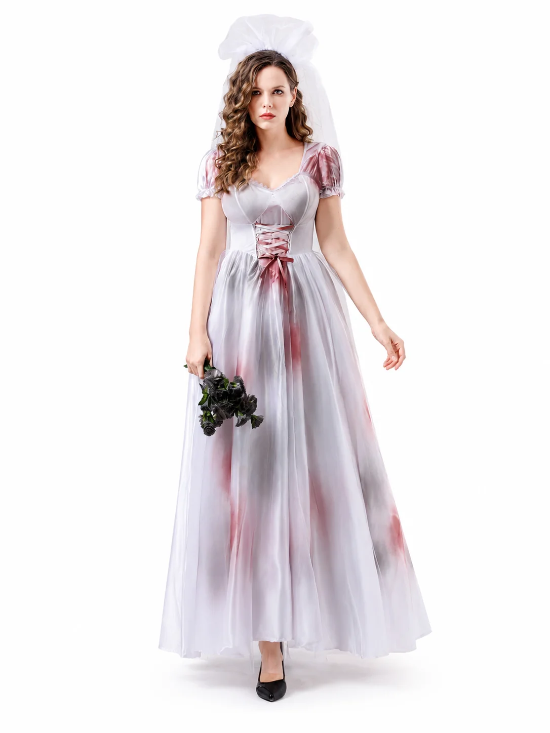 Disfraz de novia fantasma sangrienta para mujer, vestido largo de tul con cuello en V y mangas cortas abullonadas, corsé en la cintura, disfraz de novia zombi para Halloween con velo para fiesta de carnaval