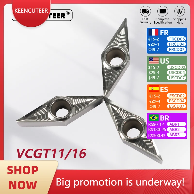 

VCGT110302 VCGT110304 VCGT160402 VCGT160404 VCGT160408 Aluminum Carbide Insert for SVJCR External Turning Tool CNC Lathe Parts