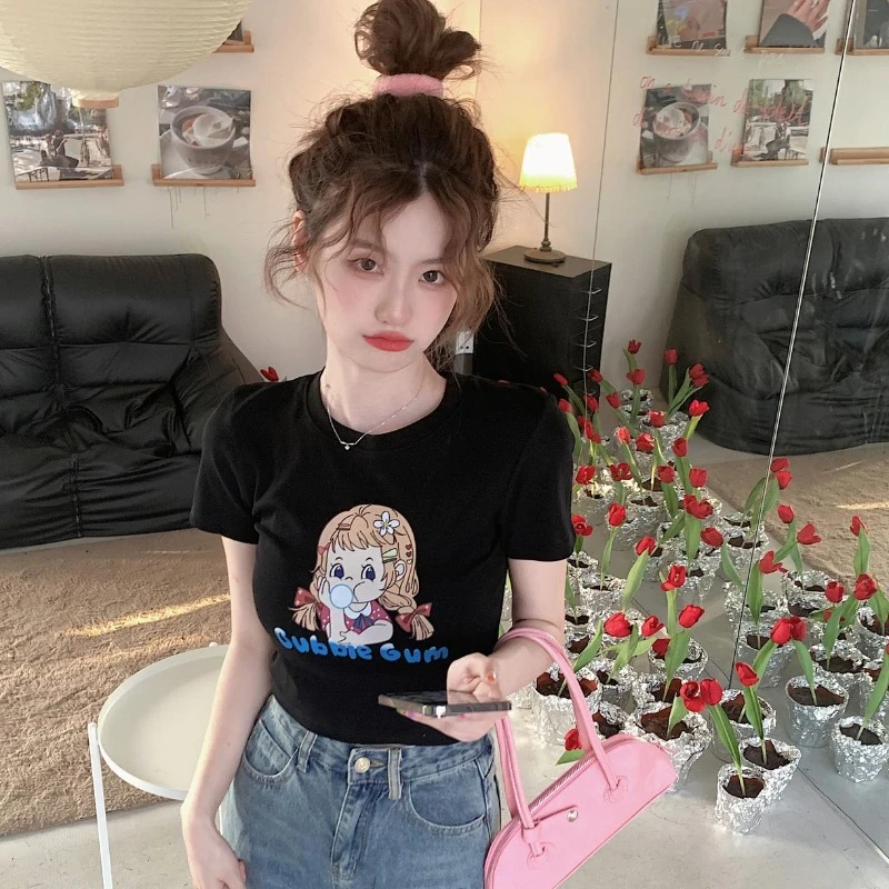 Slim Short T-shirts Women 2024 Spring and Summer New O-neck Short-sleeved Letter Printed Sweet Student Daily Fashion Tees Female