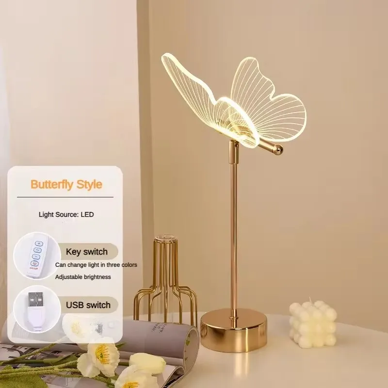 Butterfly Led Table Lamp Retro Gold Acrylic Desk Lamps Hotel Villa Art For Living Room Bedside Desktop Decor Led Night Lights