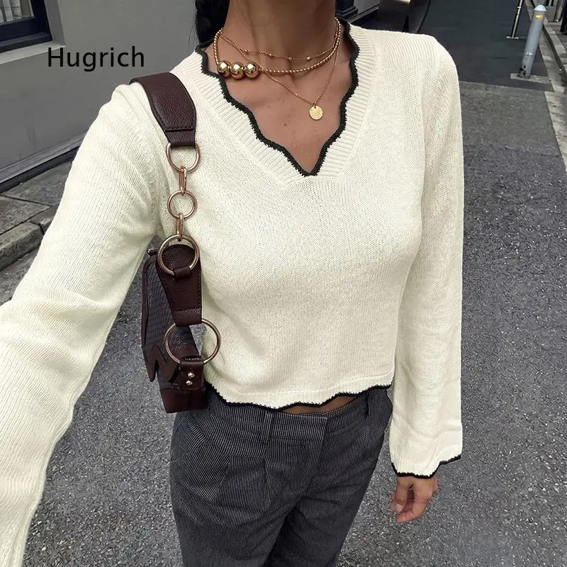 Women's V Neck Wavy Trim Knit Top Long Sleeve Flare Cuff Cropped Pullover Sweater Casual Slim Fit Blouse for Fall Winter Daily