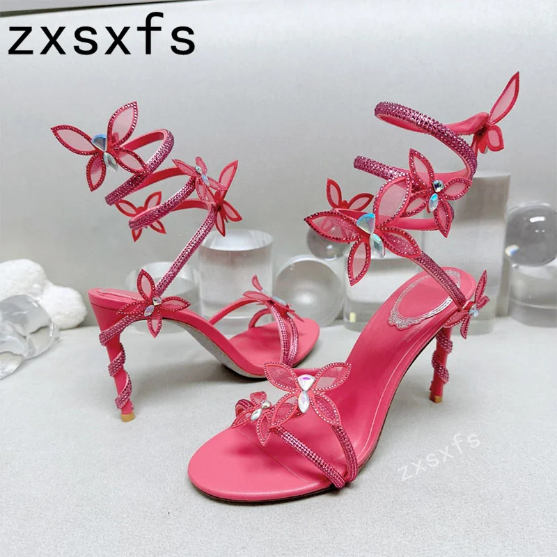 

High Quality Summer New Leather Crystal Butterfly Decoration Thin High Heels Sandals Women Slip On Peep Toe Pumps Sexy Shoes