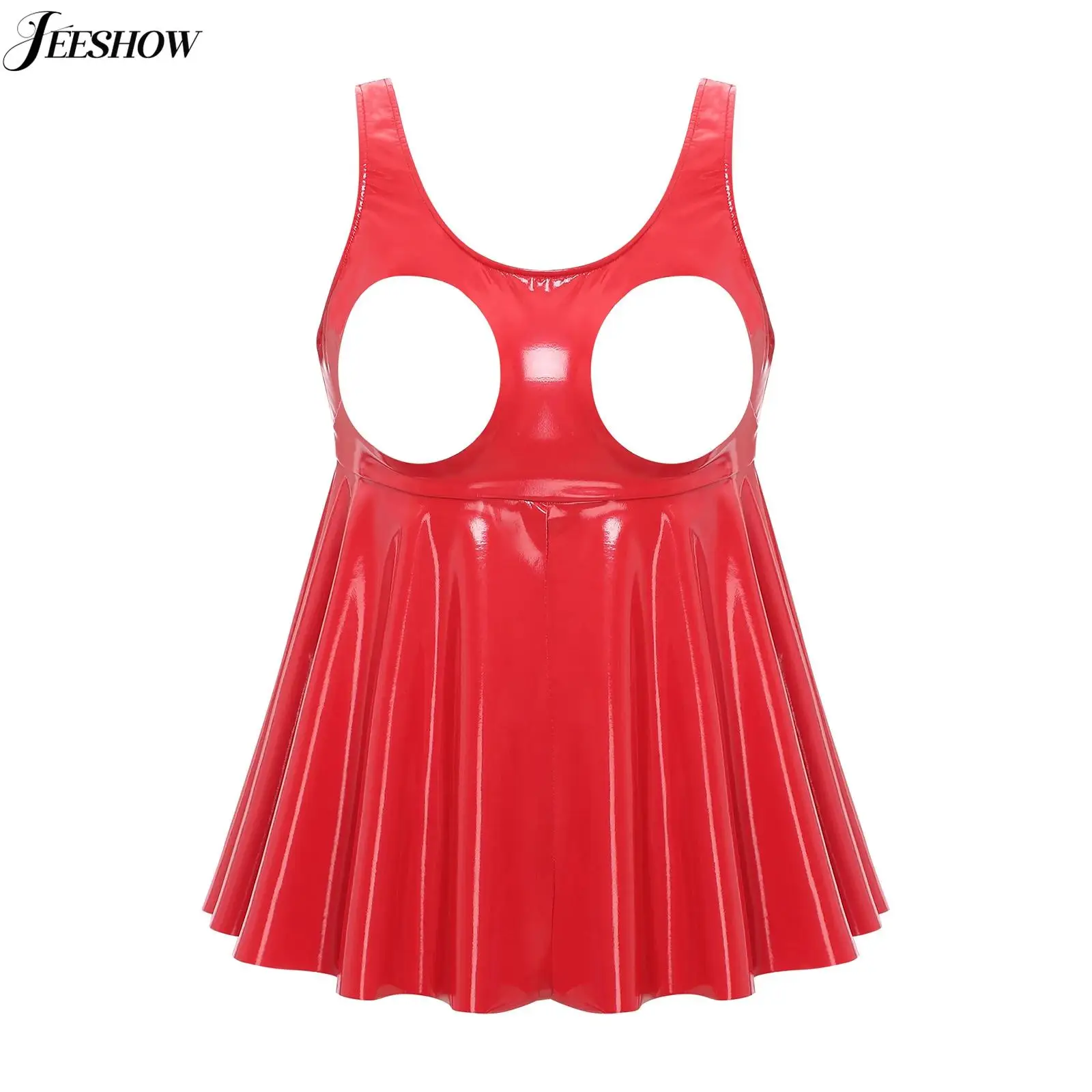 

Womens Patent Leather Cut Out Lingerie Top Sleeveless Backless Hollow Out Front Split Ruffled Mini Lingerie Dress Clubwear