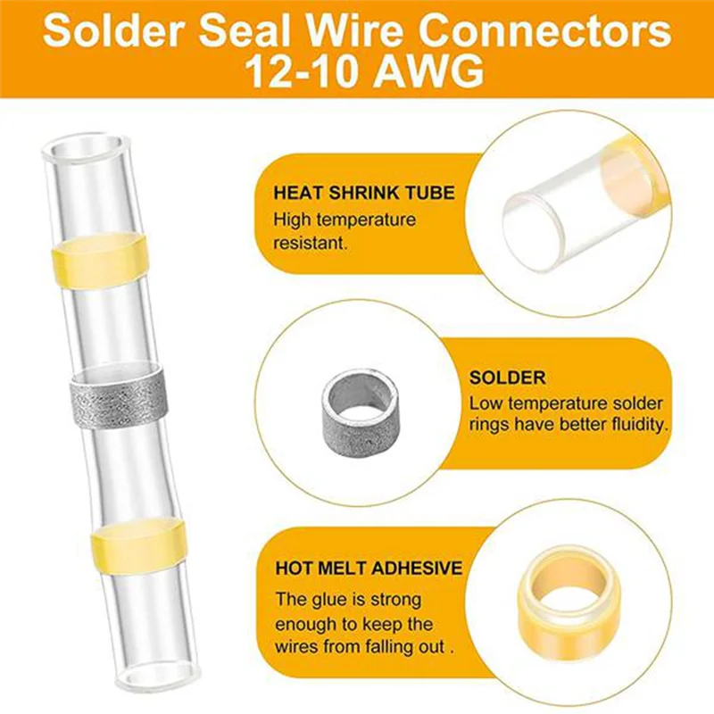 150Pcs 12-10 AWG Yellow Solder Seal Wire Connectors Solder Heat Shrink Waterproof Wire Connectors Electrical Terminals