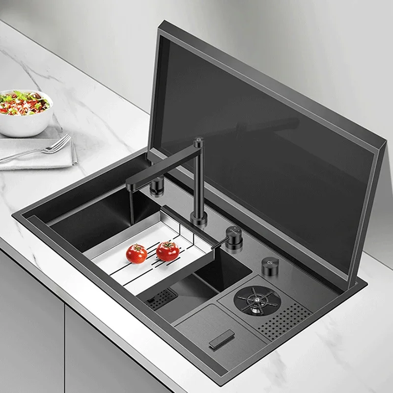 Kitchen Sink Single Flip Cover Hidden Large Size 304 Stainless Steel 4mm Thickness Handmade Kitchen Sink