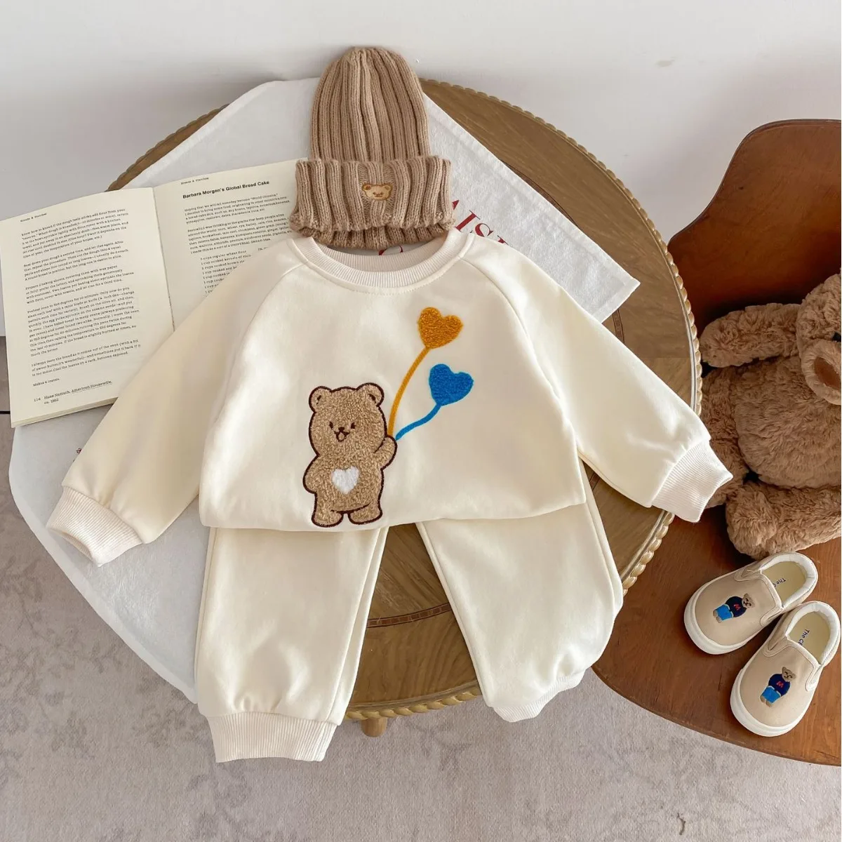 2024 Spring New in Kids Baby Boys Girls Clothes Infant Flocking Bear Top Sweatshirt+harem Pants Children Set 2pcs 3M-4Y