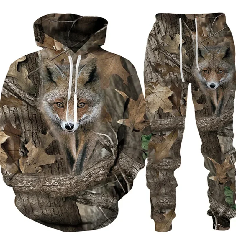 Men\'s Outdoor Tracksuit Camouflage Hunting Clothes Animal Rabbit Dog Wild Boar Print 3D Hoodie Long Pant 2 Piece Sportwear S-6XL