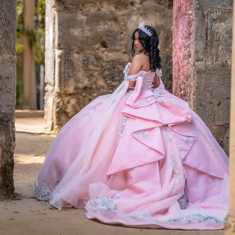 Customized light pink Quinceanera Dresses Off the Shoulder crystal decal Long tail Lace beads flower Vestido 15 Quinceanera