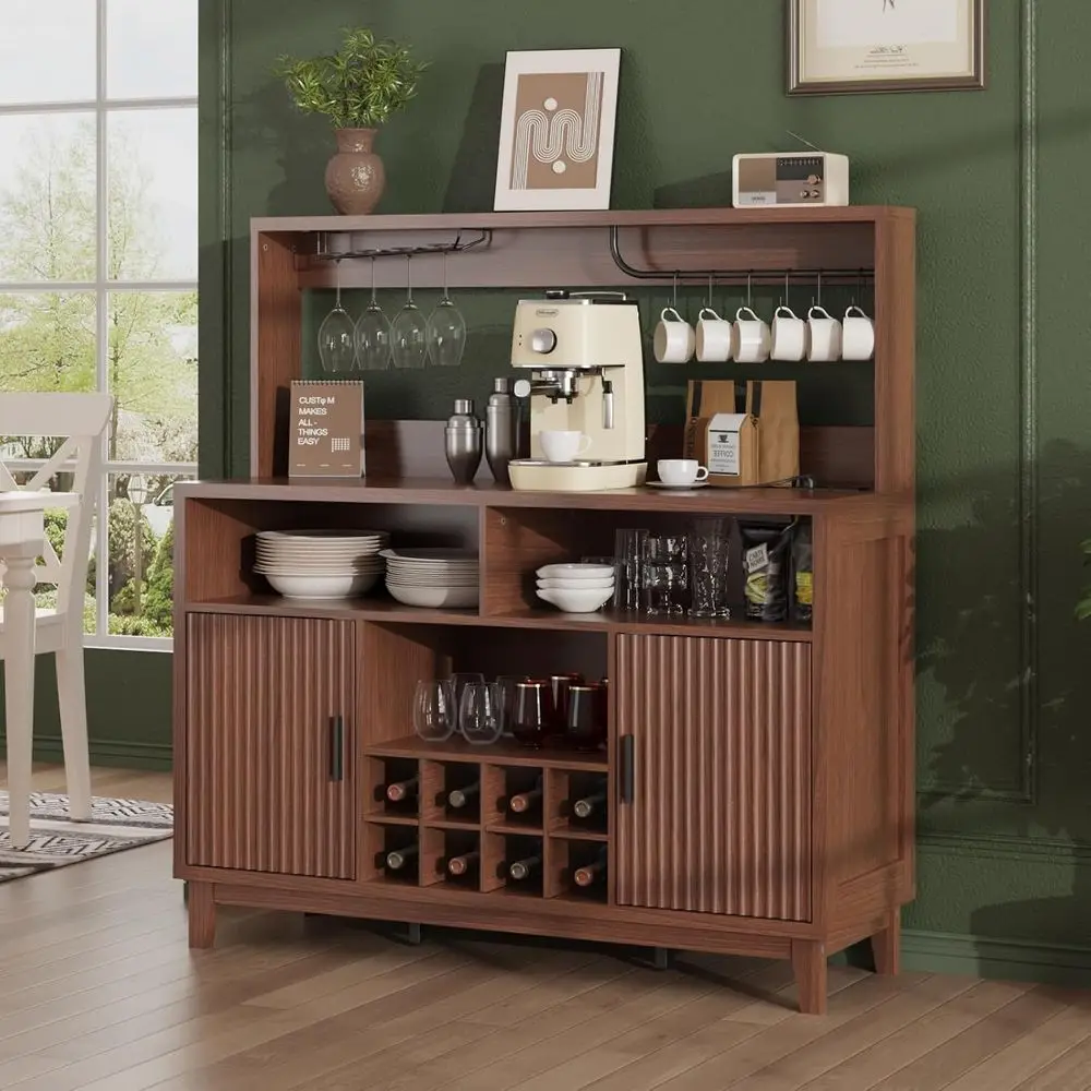 

Walnut Storage Cabinet with Coffee Bar, Outlet, and Removable Wine Rack for Multi-Purpose Use in Living Room, Entryway, or Kitch