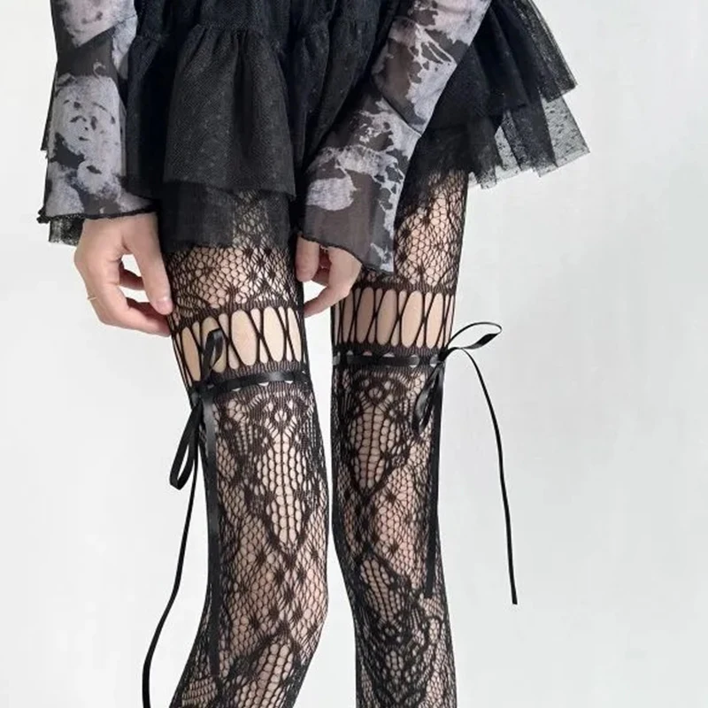 Sommerliche neue Spitzenstrumpfhose, sexy, ausgehöhlt, mit Schleife, Jumpsuit, Retro-Jacquard, niedliche Unterwäsche, transparente, lässige Strumpfhose